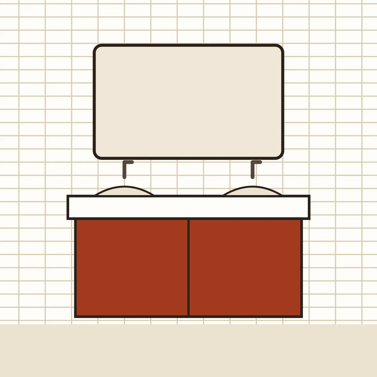 Double vanity basin with a large mirror